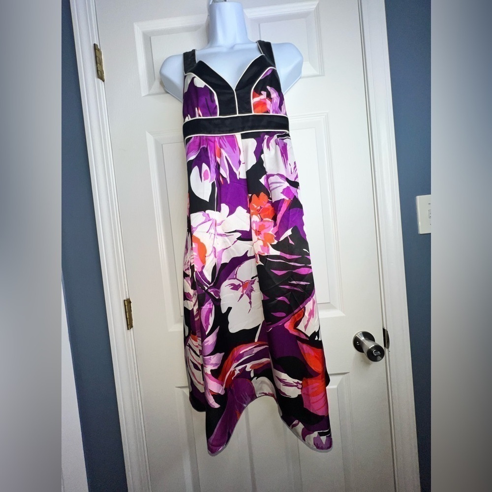 Vtg Banana Republic Petites 8 Black Purple Floral 100% Silk Mini Dress 8P - Picture 11 of 15